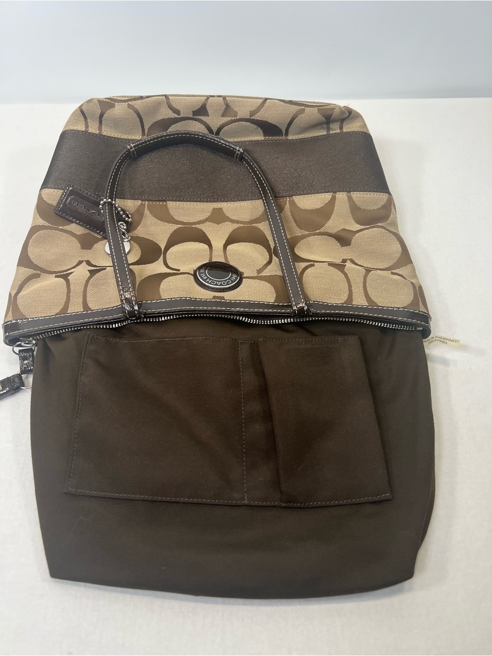 COACH Y2K Signature Canvas W Leather Stripe Tote Bag Purse Brown F19046 - Picture 9 of 13